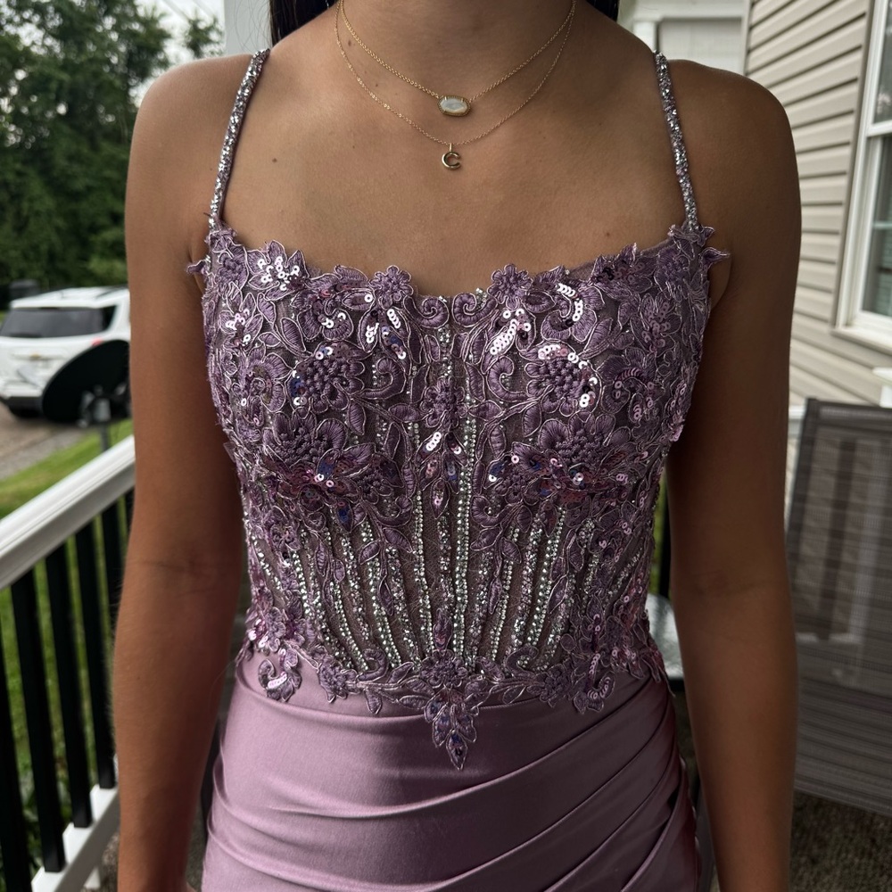 Purple Embellished Bustier Prom Gown